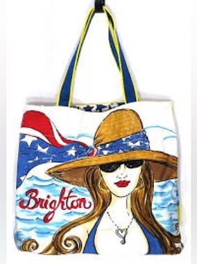 Brighton Chic Ahoy Tote Bag
Wave and Sun Hat Artwork - Blue, Red, Brown